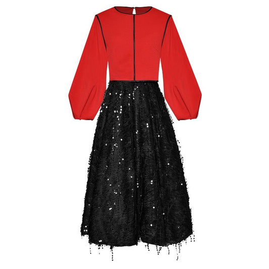 Lantern Sleeve Top Tassel Sequin Skirt-Red