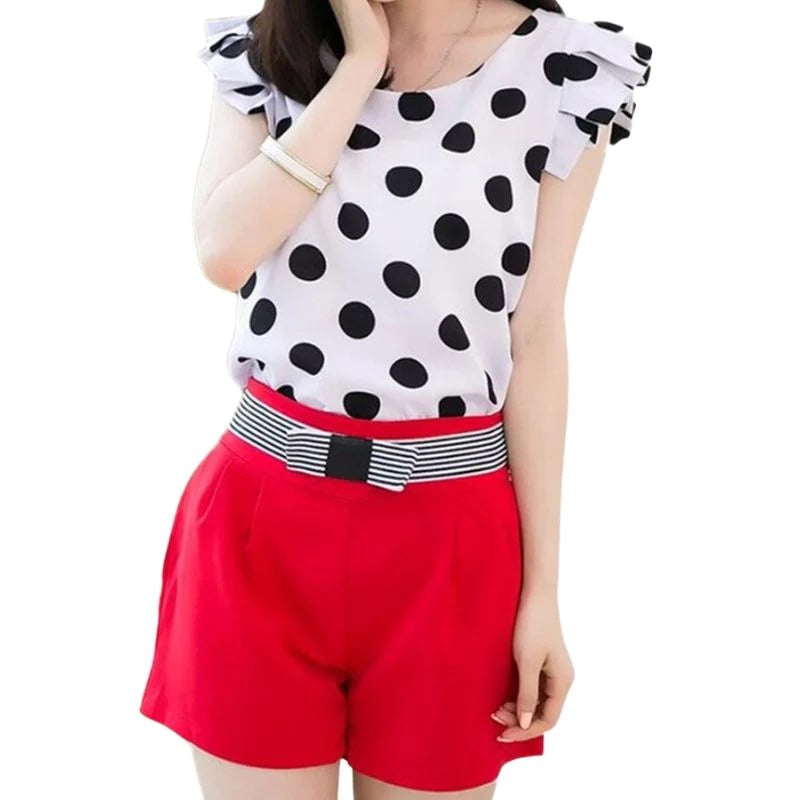 Butterfly Sleeve Polka Dot Chiffon Top-Black/White