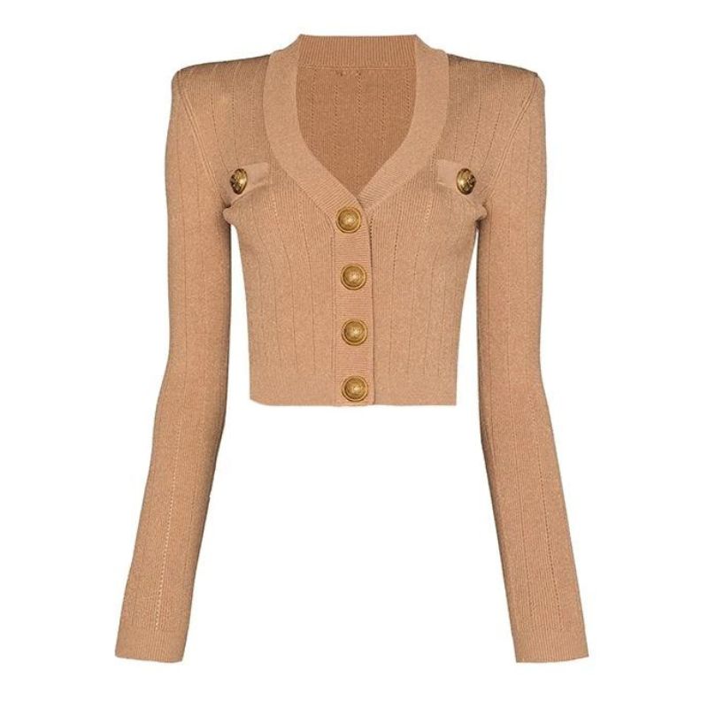 Long Sleeve V-Neck Knitted Crop Top Cardigan-Brown/Black/White