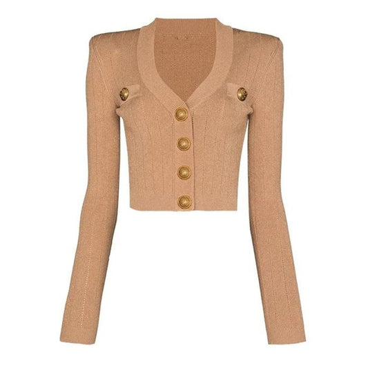 Long Sleeve V-Neck Knitted Crop Top Cardigan-Brown/Black/White