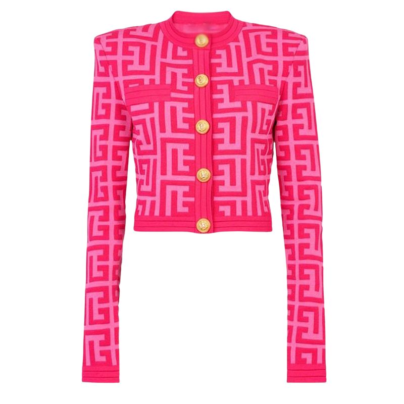 Long Sleeve Jacquard Knitted Cardigan-Rose Red