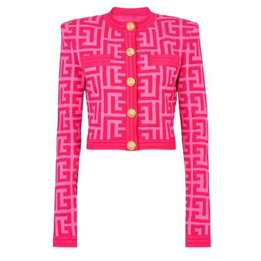 Long Sleeve Jacquard Knitted Cardigan-Rose Red