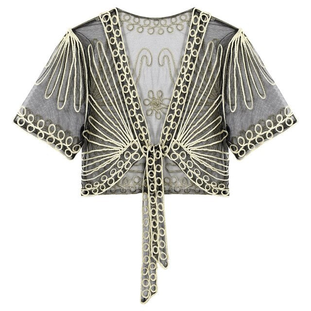 Short Sleeve V-Neck Tie Knot Mesh Bolero Crop Top-Multiple Options