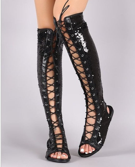 Lace Up Open Toe Flat Roman Gladiator Sequin Sandals-Multiple Options