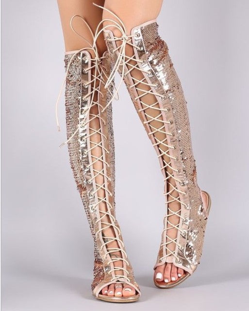 Lace Up Open Toe Flat Roman Gladiator Sequin Sandals-Multiple Options