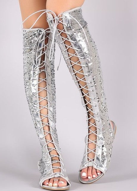 Lace Up Open Toe Flat Roman Gladiator Sequin Sandals-Multiple Options