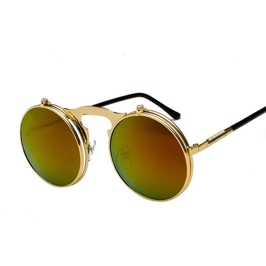 Vintage Steampunk Flip Retro Round Metal Unisex Sunglasses UV400-Red/mO
